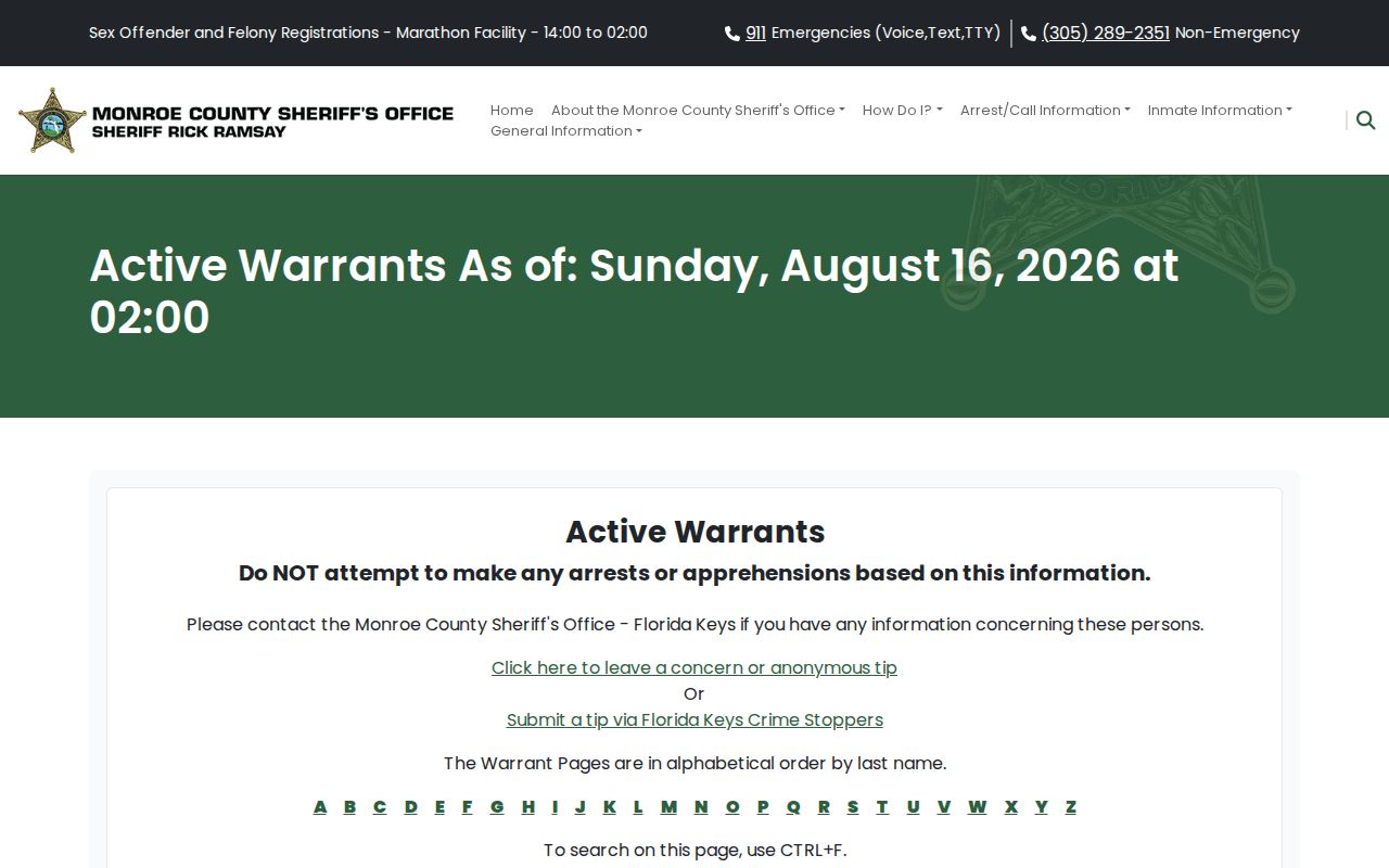 Monroe County Sheriff Active Warrants alphabetical directory interface